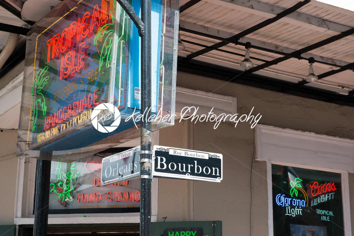 NEW ORLEANS, LA – APRIL 13: Bourbon and Orleans Street sign in the French Quarter of New Orleans, Louisiana on April 13, 2014 - Kelleher Photography Store