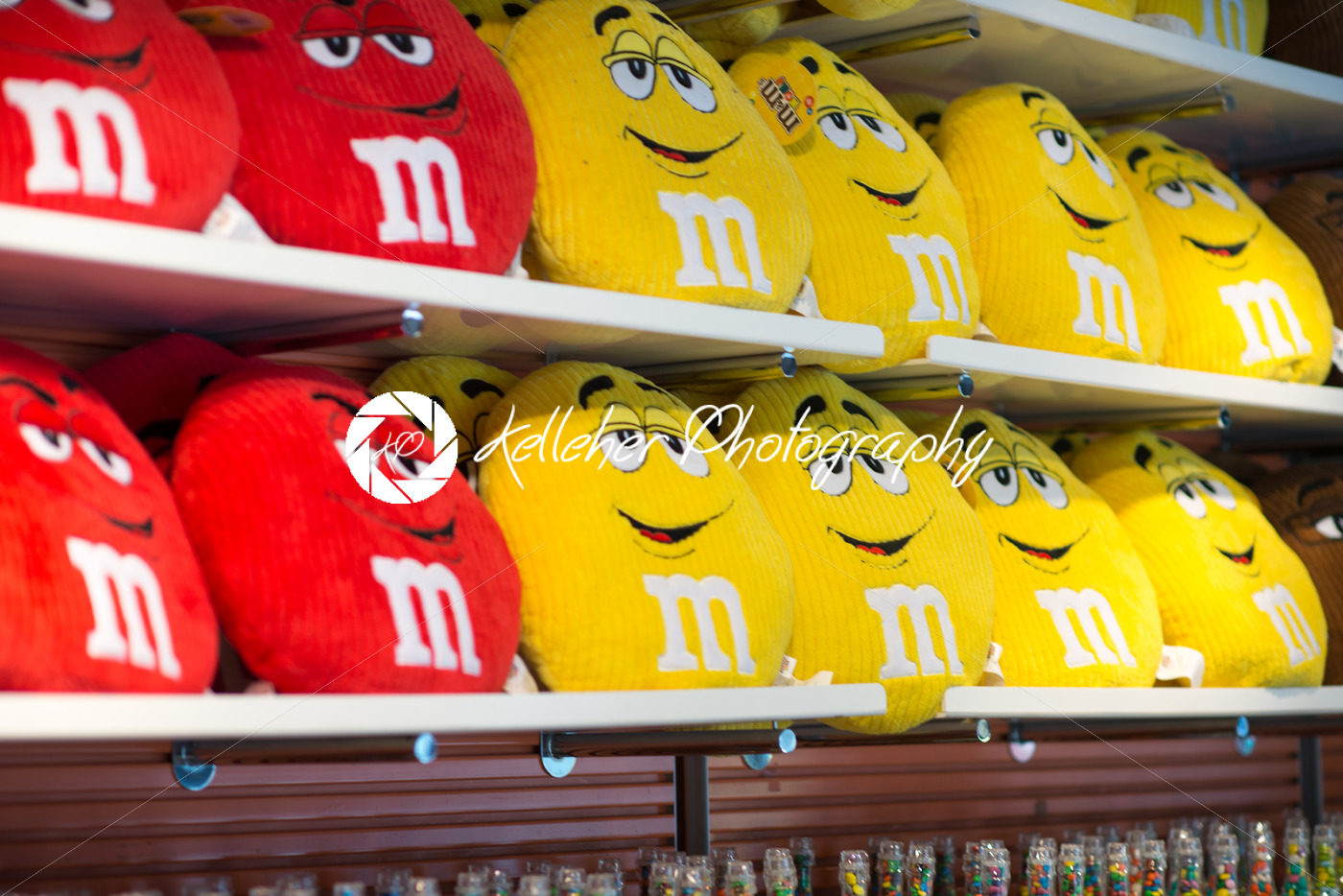 View of Red and Yellow MM pillows in the MM Store located in Times Square, NYC, NY on June 18, 2016 - Kelleher Photography Store