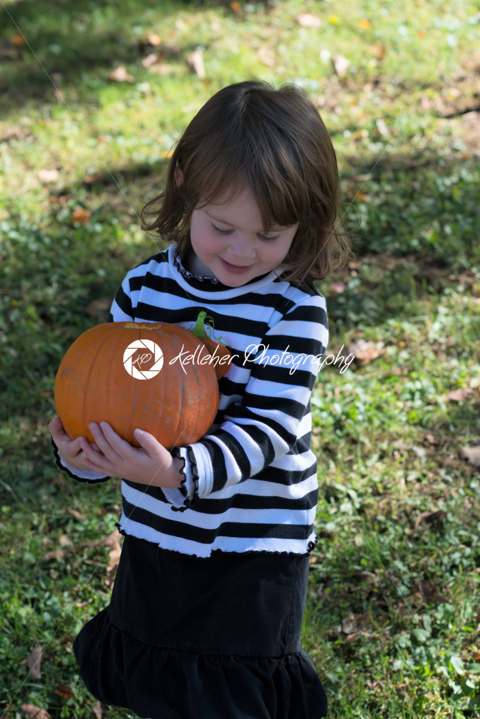 Beautiful smiling toddler girl wearing black and white Halloween outfit outdoors holding little pumpkin and smiling with grass and falling leaves in background - Kelleher Photography Store