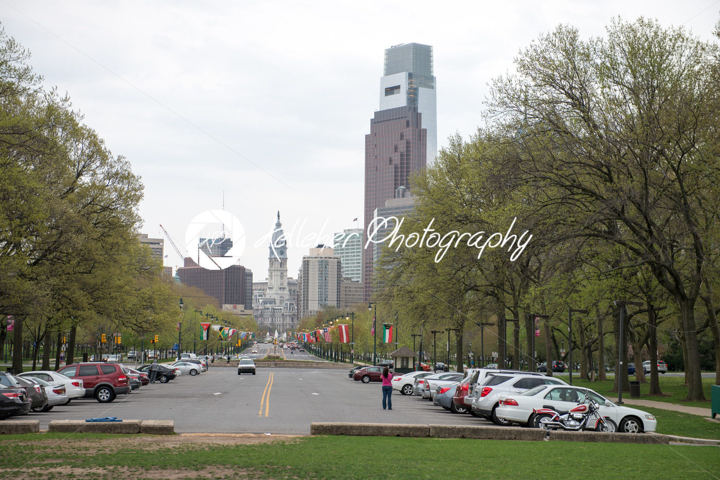 PHILADELPHIA, PA – APRIL 19: Benjamin Franklin Parkway from the Philadelphia Museum of Art with Center City skyscraper buildings in the background on April 19, 2013 - Kelleher Photography Store