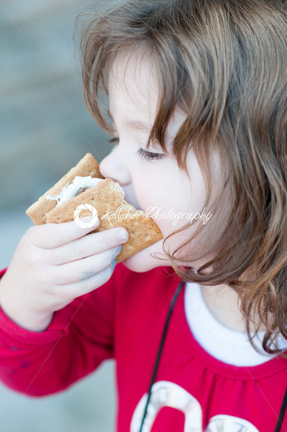 Young little girl is eating a s’more made from graham crackers, roasted marshmallows and chocolate. Her mouth is messy and she is taking a toothy bite of the s’more. - Kelleher Photography Store