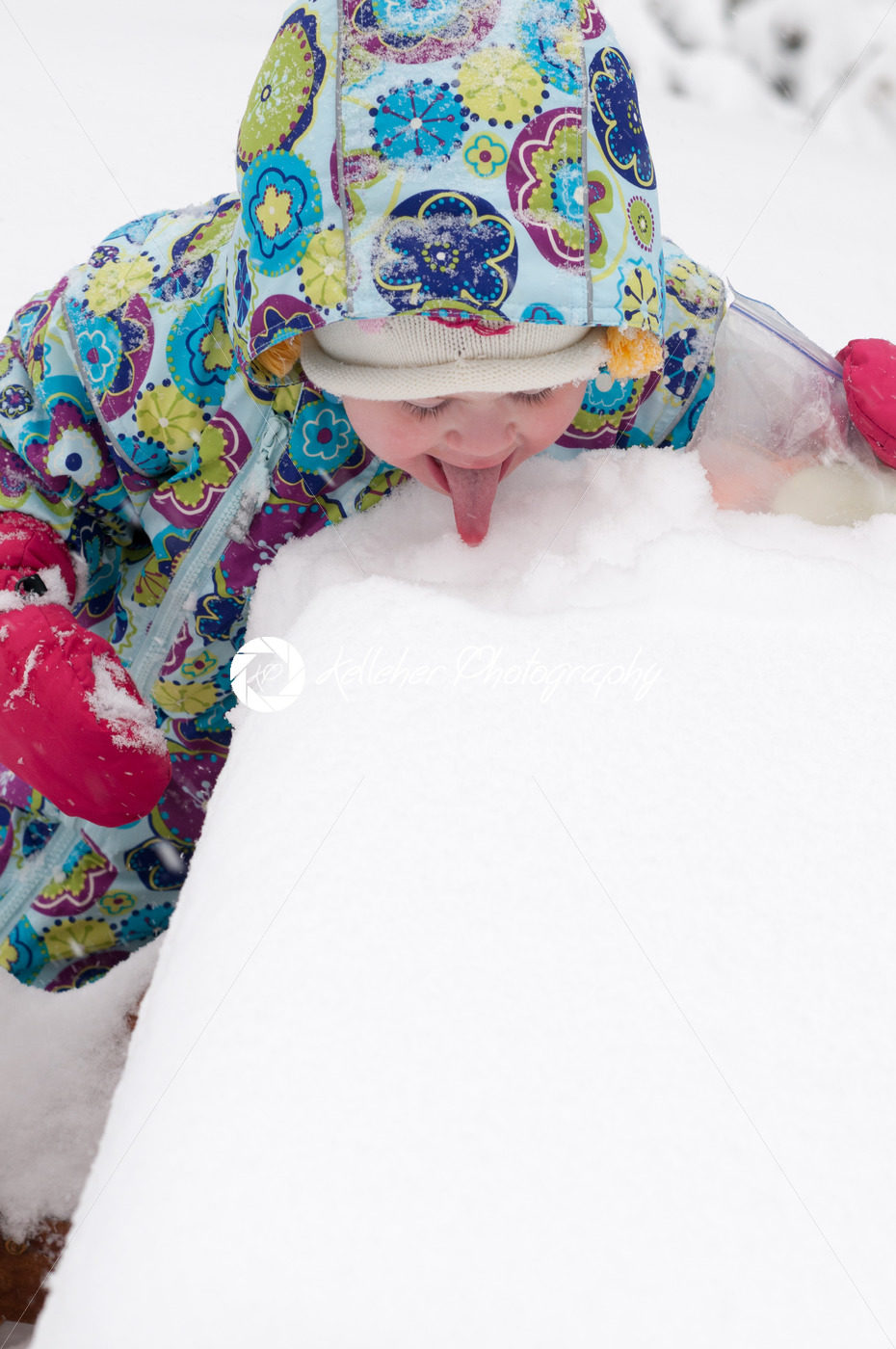 Happy toddler girl in warm coat and knitted hat tossing up snow and having a fun in the winter outside, outdoor portrait - Kelleher Photography Store