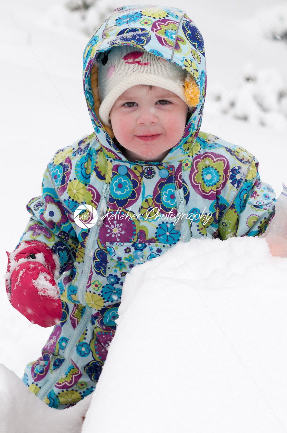 Happy toddler girl in warm coat and knitted hat tossing up snow and having a fun in the winter outside, outdoor portrait - Kelleher Photography Store