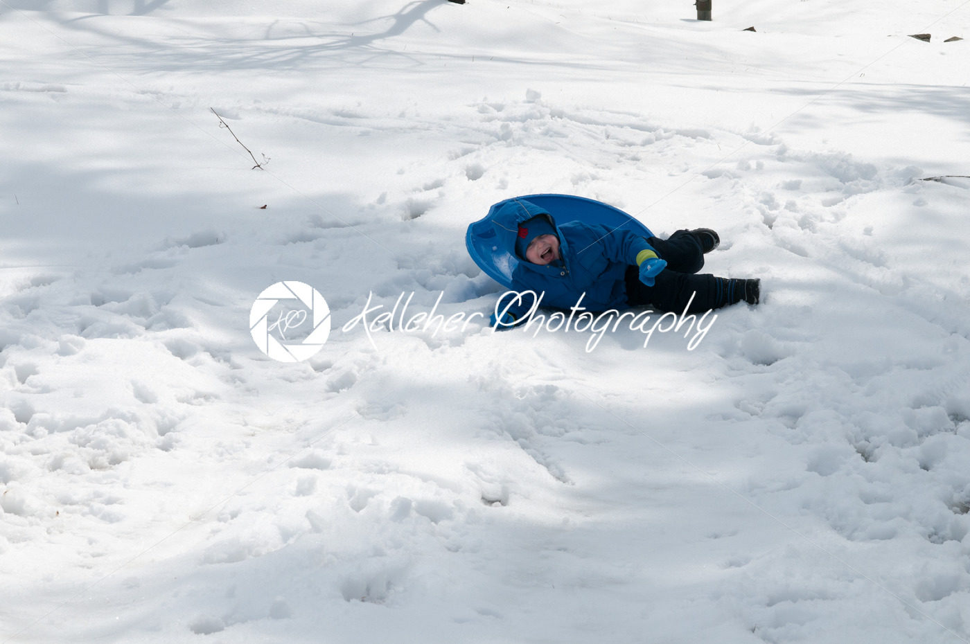 Young little boy enjoying sledding outside on a snow day - Kelleher Photography Store