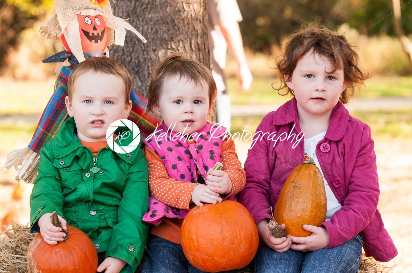 Young siblings outside holding a pumpkin with pumpkin fields in the background - Kelleher Photography Store