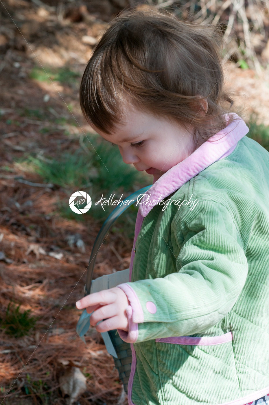 Young little toddler girl with basket searching for easter eggs - Kelleher Photography Store