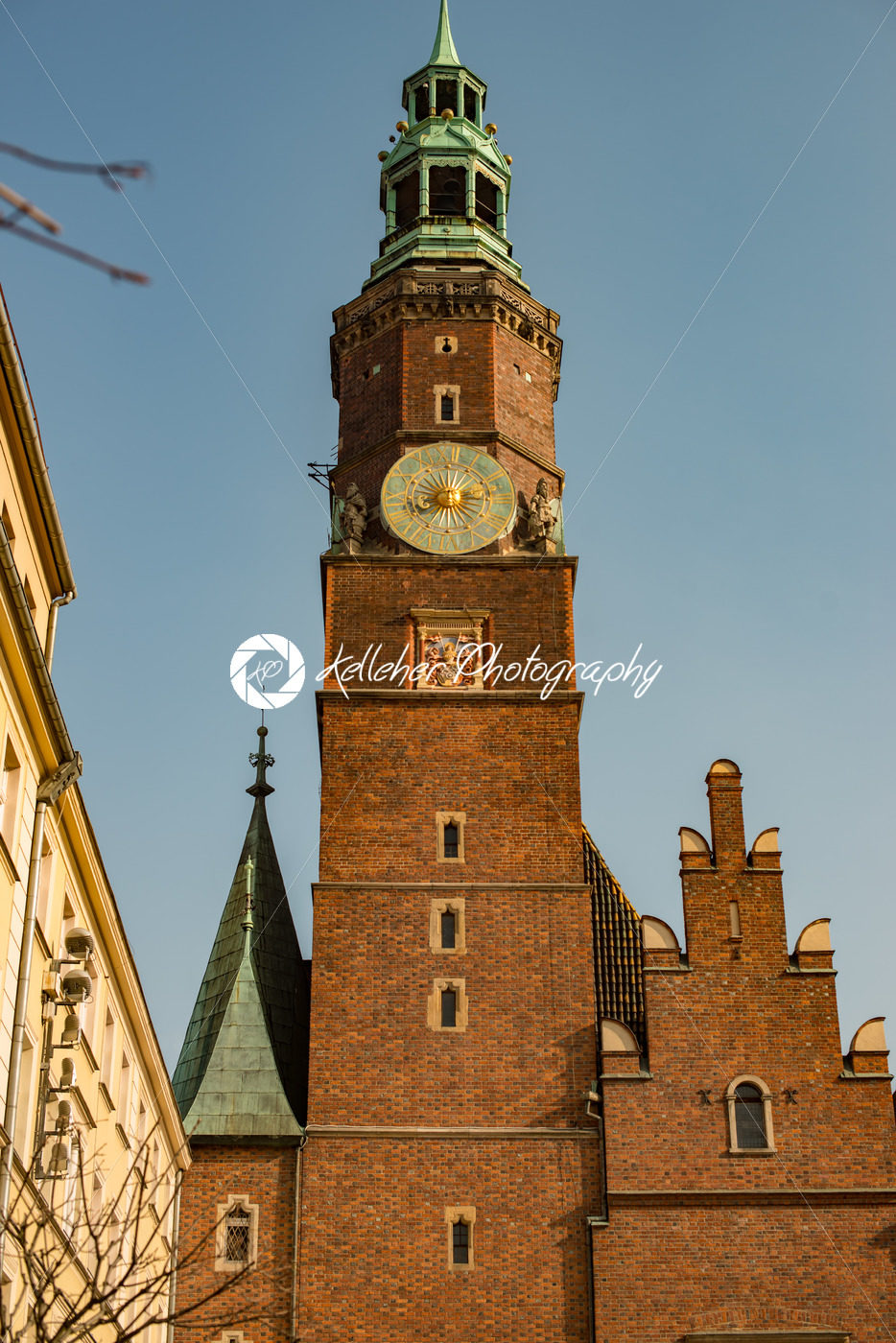 Wroclaw, Poland – March 4, 2018: Wroclaw Town Hall clock tower in evening in historic capital of Silesia, Poland, Europe. - Kelleher Photography Store