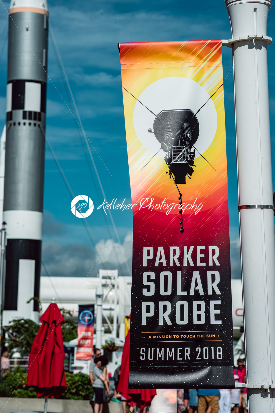 Cape Canaveral, Florida – August 13, 2018: Banner for Parker Solar Probe with rocket in background at NASA Kennedy Space Center - Kelleher Photography Store