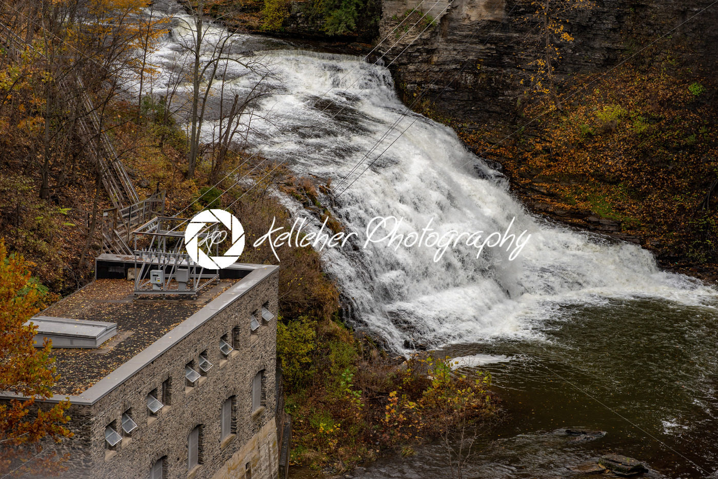Pedestrian Suspension Bridge over Triphammer Falls, Ithaca, New York. Waterfall in the middle of Cornell University campus - Kelleher Photography Store